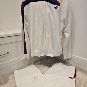 Puma White Track Jacket & Pants with Red and Blue Stripes